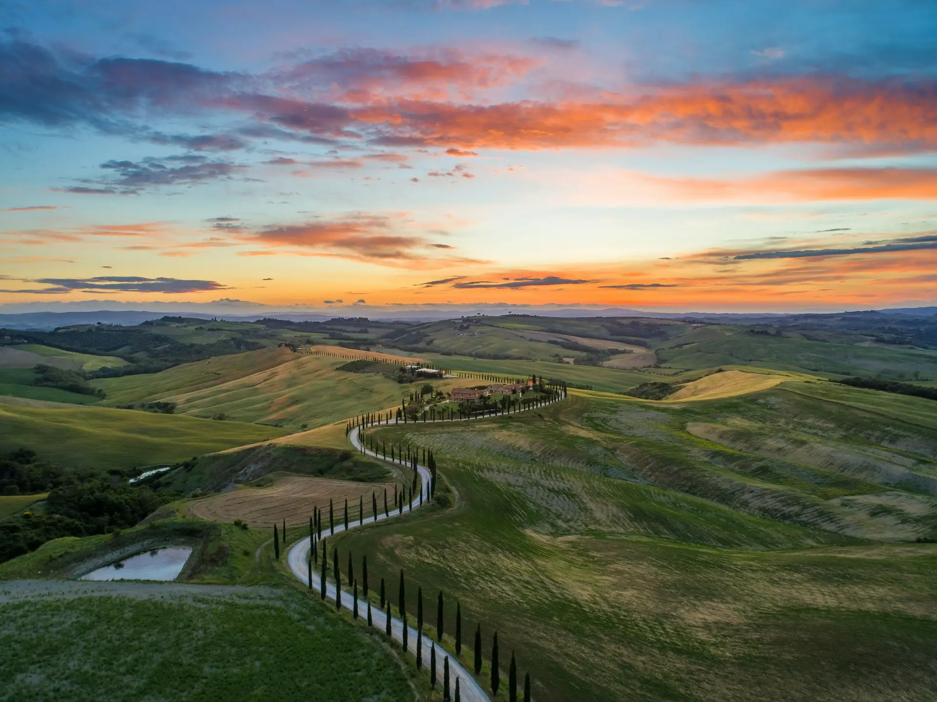 A winding road lined with cypress trees in the rolling hills of Tuscany, Italy